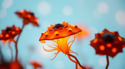Orange chanterelle mushroom in the forest with autumn foliage and wild grass