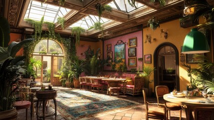 Obraz premium Cozy indoor restaurant with vibrant decor, greenery, and natural light