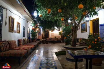 Fototapeta premium An enchanting Mediterranean courtyard at dusk, adorned with vibrant flowers and rustic stone architecture.