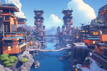 A futuristic city with waterways, sleek buildings, and organic shapes