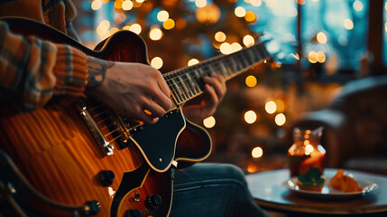 Obraz premium Close-up of a guitarist playing an electric guitar with warm ambient lighting in a cozy atmosphere
