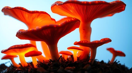 Orange chanterelle mushroom in the forest with autumn foliage and wild grass