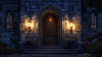 Obraz premium Majestic stone doorway illuminated at night with glowing lanterns and flowers