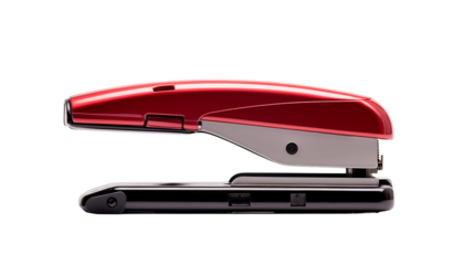 Close up of a red and silver stapler on a black surface
