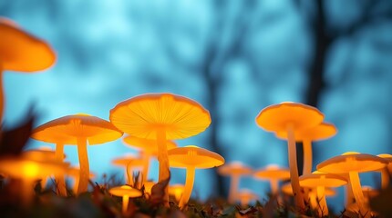 Orange chanterelle mushroom in the forest with autumn foliage and wild grass