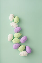 Easter decor in pastel colors on a blue background