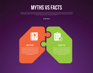 myths vs facts infographic for comparison data with round puzzle box connection with modern dark gradient style background with 2 point information