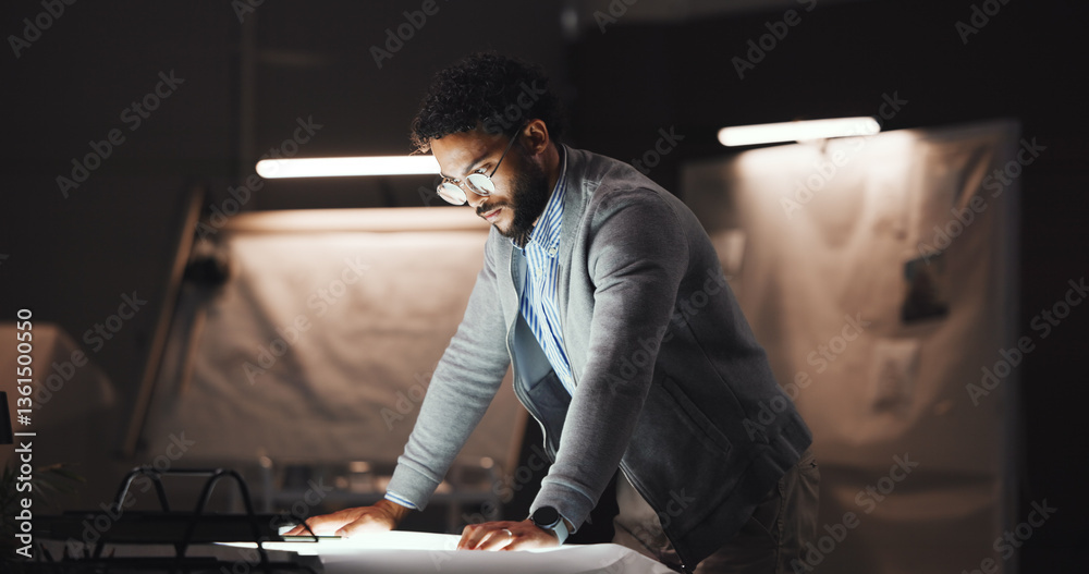 Aufkleber businessman, architect and reading with blueprint for construction planning or building design. man,