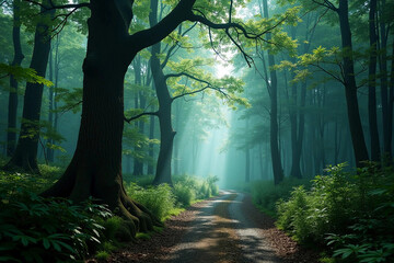 Naklejka premium Path in a dense forest with large, old trees. Foggy, summer morning, sunbeams drooping through the tree crowns creating an atmosphere of mystery. Beautiful landscape of wild wooded area.