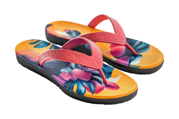 Vibrant Floral Flip-flops, A Summer Escape In Every Step, Boasting A Bold Pink And Gold Design With Textured Straps Isolated on Transparent Background