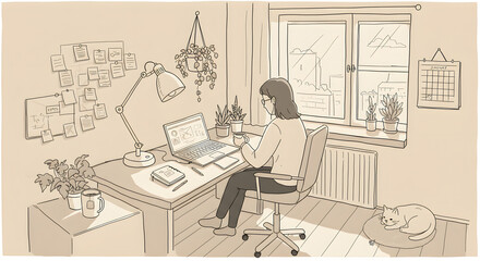 Woman Working From Home at Desk with Laptop and Cozy Cat