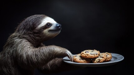 Sloth with cookies: An adorable sloth holds a plate of cookies, inviting you into a moment of sweet delight against a contrasting backdrop.