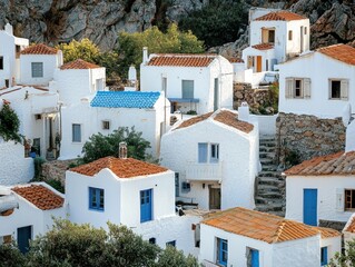 Homes and the rocky hills: A picturesque landscape where traditional white houses with vibrant roofs cascade down a hillside, creating a captivating scene that captures the essence of a tranquil.