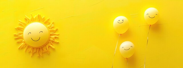 Fototapeta premium Bright yellow background with sun, balloons, and cheerful faces for joyful designs. Generative AI