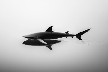 Fototapeta premium Cinematic shot captures a majestic shark gliding through the calm surface water at dawn, Cinematic shot of a passing shark