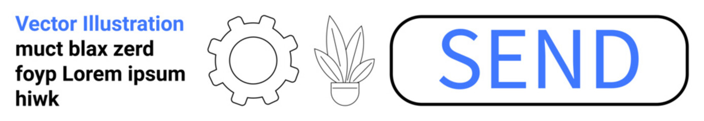 Gear, potted plant, and bold Send button design with modern minimalist style. Ideal for technology, productivity, interface, communication, web design, eco-friendliness flat landing page banner