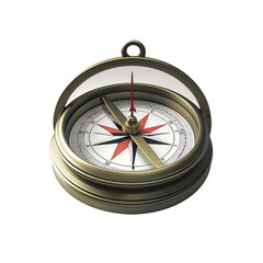 Classic explorer’s brass compass with precision dial and golden metallic finish, intricate nautical navigation tool isolated on a transparent background