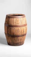 Fototapeta premium A classic wooden barrel, featuring sturdy bands and a rustic finish, often used for storage or aging liquids like wine or whiskey.