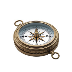 Vintage brass compass with intricate dial design and ornate compass rose, antique nautical navigation tool with golden metallic texture, isolated on white background