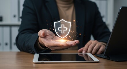A man in a business suit presenting a digital health insurance icon with a glowing shield and cross symbol over a tablet, representing technology in healthcare and insurance services.