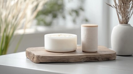 A minimalistic still life featuring a round ceramic bowl filled with white rice next to a cylindrical container on a wooden tray. Soft, natural lighting enhances the serene ambiance