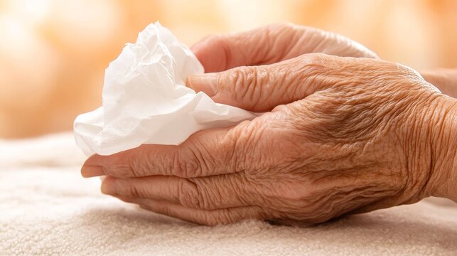 Coughing and sneezing elderly patient battles virus cold at home medical care close-up emotional environment - Powered by Adobe