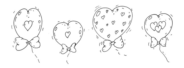 Fototapeta premium Black and white heart-shaped balloons with bows in a hand-drawn doodle style isolated on transparent background.. For coloring books, greeting cards, wedding, scrapbooking project