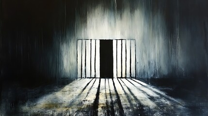 Dark cell with barred door, light beams.