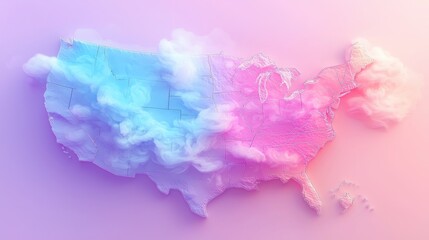 Fototapeta premium Vibrant united states map illustrated with pink and blue cloud design in retro pop art style for modern decor