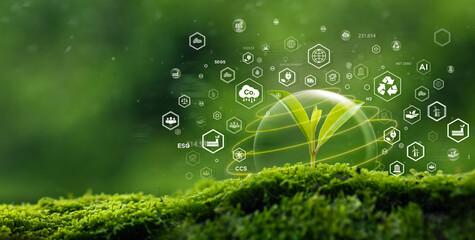 Green Tree World Protection with Environment Icons on Nature Background. Ecology and Environment...