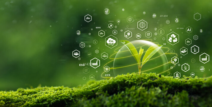 Green Tree World Protection with Environment Icons on Nature Background. Ecology and Environment Concept.