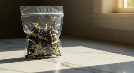 Dried Butterfly Pea Flowers in Plastic Bag on Marble Countertop with Sunlight