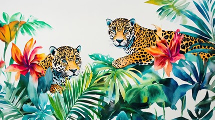 Obraz premium Two Jaguars Relaxing Amongst Colorful Tropical Plants and Flowers