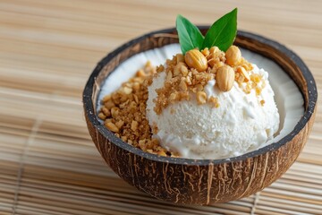 Delicious coconut ice cream with peanuts rustic kitchen food photography natural light close-up indulgence
