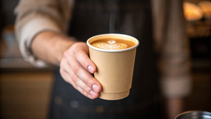 ESG Environmental Social Governance barista serves steaming coffee in biodegradable cup, showcasing latte art