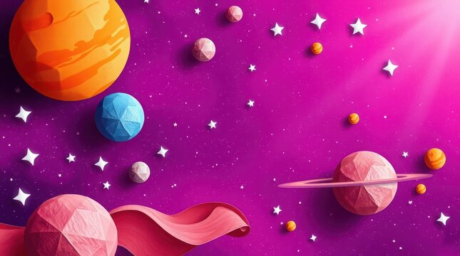 Fototapeta Colorful Planets and Stars in a Creative Pink Outer Space Design