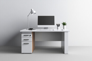 Minimalist office furniture setup featuring a sleek white desk modern workspace home or office environment professional viewpoint for ultimate productivity