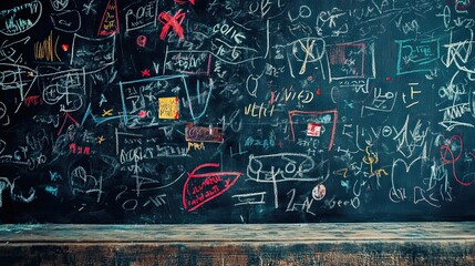 A heavily marked blackboard background with wooden surface below it