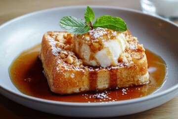 Indulging in delicious french toast with ice cream indoors cozy food photography inviting culinary delight