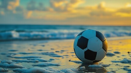 Fototapeta premium Soccer Ball Beach Sunset Vacation