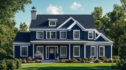 Obraz premium Modern blue house with landscaped garden under a clear sky, showcasing vibrant greenery