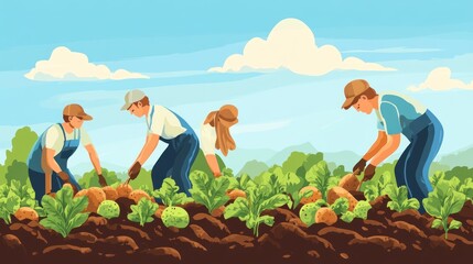 Farmers collaboratively harvesting diverse crops in a bountiful field together