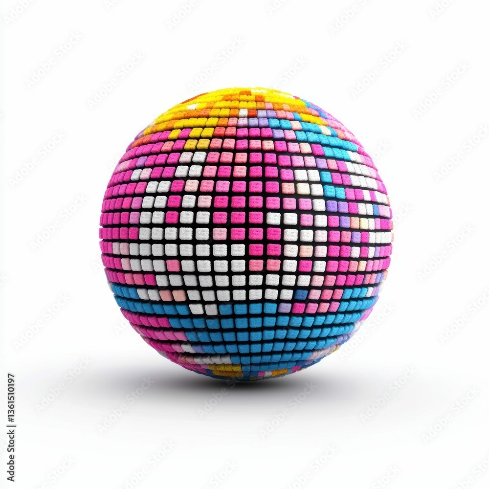 Poster an abstract sphere is covered in a mosaic of colorful squares, creating a pixelated texture.