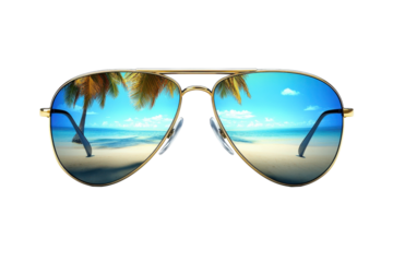 Golden Aviator Sunglasses Reflecting A Tropical Beach Paradise, Evoking Summer Dreams And Escapism With Vibrant Blue Hues And A Clear, Sunny Sky Isolated on Transparent Background