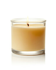 Transparent background image separated png. Burning Yellow Candle in Glass Jar on White Background
