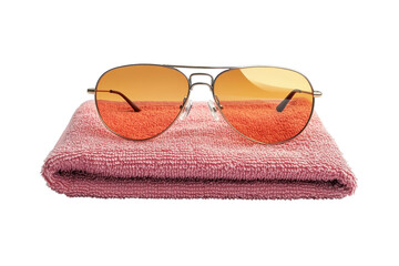Golden Aviator Sunglasses Resting On A Soft Pink Towel, Ready For A Sunny Adventure Isolated on Transparent Background