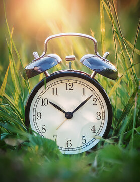 Sommerezit,, Zeit Umstellung, Doppelglockenwecker im Gras