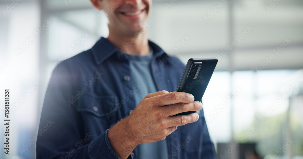 Poster Hands, office and business man with smartphone for networking, text and social media marketer online. Mobile, startup and happy creative worker check email, campaign and brand promotion on internet