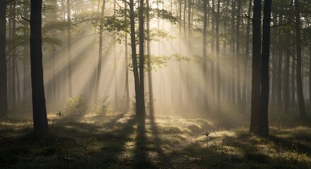Obraz premium Sunbeams pierce misty forest dawn creating magical atmosphere. AI Generated