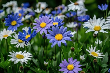 Obraz premium A vibrant display of colorful daisies blooms in a lush garden, showcasing shades of white, purple, and blue against a backdrop of greenery.